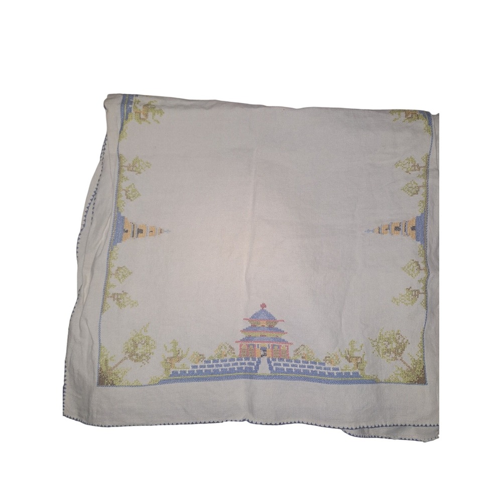 Vintage Pagoda Cross Stitch Linen Tablecloth Oriental Chinoiserie White Blue